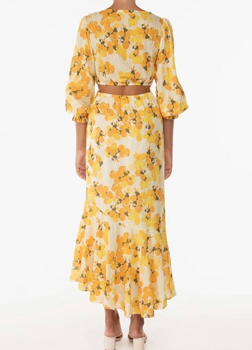 Peony Citrus Hi Neck Cut Out Dress Print Size 10 for rent on The Volte - main image