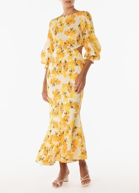 Peony Citrus Hi Neck Cut Out Dress Print Size 10 for rent on The Volte - main image