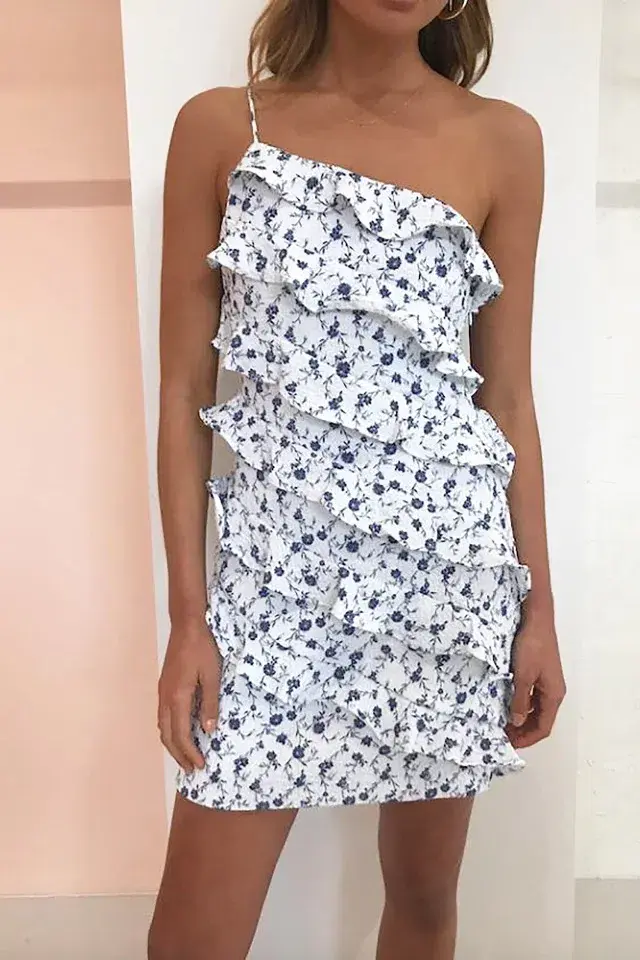 New Romantics Fleur One Shoulder Mini Dress in Indigo Blooms Size 8 for rent on The Volte - main image