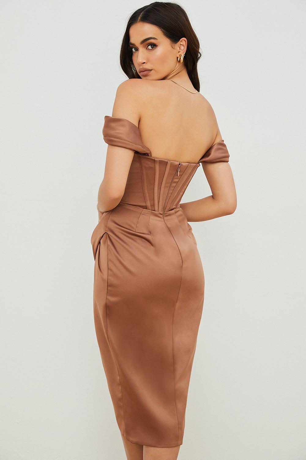 House Of CB Loretta Satin Off Shoulder Midi Dress Brown Size 8 - Image 4