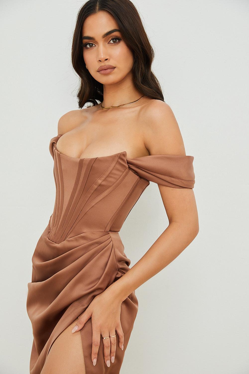 House Of CB Loretta Satin Off Shoulder Midi Dress Brown Size 8 - Image 6