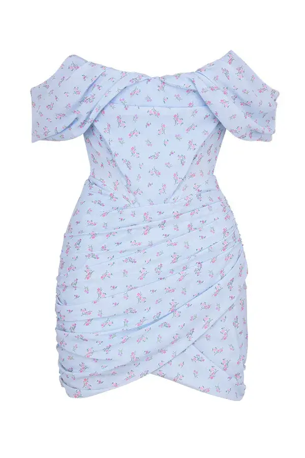 House of CB Luna Draped Corset Mini Dress Blue Floral Size 8 - Image 4