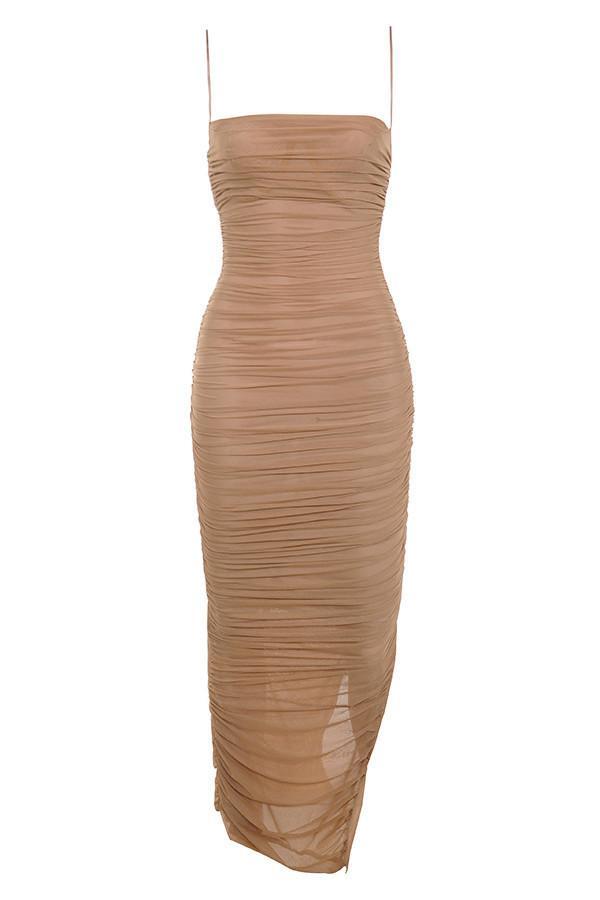 House of CB Fornarina Tan Organza Mesh Maxi Dress Nude Size 12 - Image 4