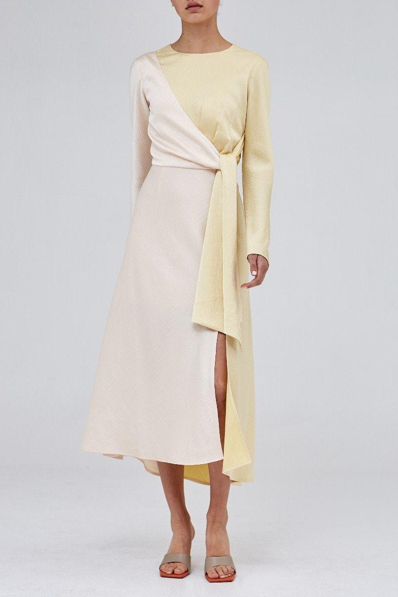 C/MEO Collective Opposite Sides Ecru & Limoncello Long Sleeve Dress Print Size 14 - Image 1