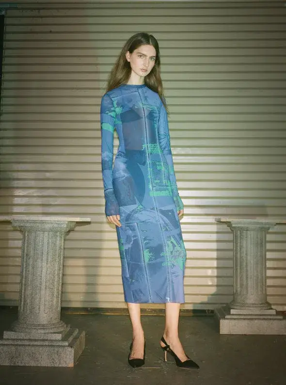 Danielle Guizio Mesh Long Sleeve Dress Blue Size 8 for rent on The Volte - main image