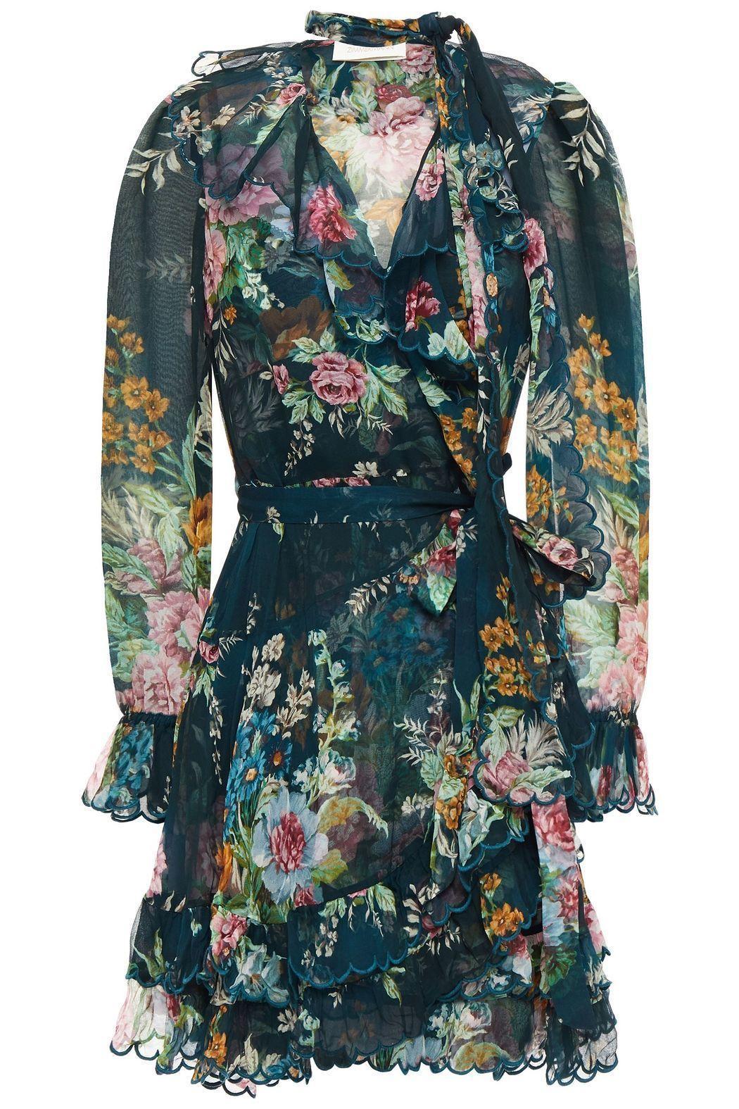 Zimmermann Wavelength Scallop Ruffled Wrap Around Mini Dress Teal Daphne Floral Print Size 1 / AU 10 - Image 4