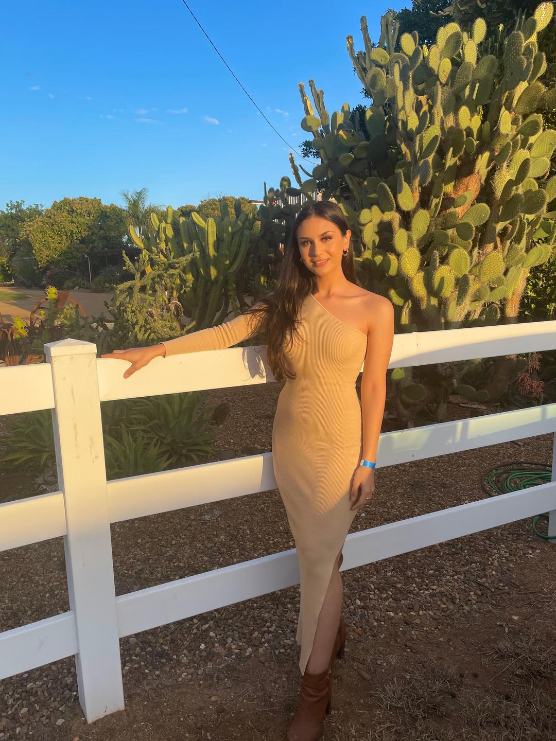 Aere One Shoulder Knit Maxi Dress Cream Size 8  for rent on The Volte - main image