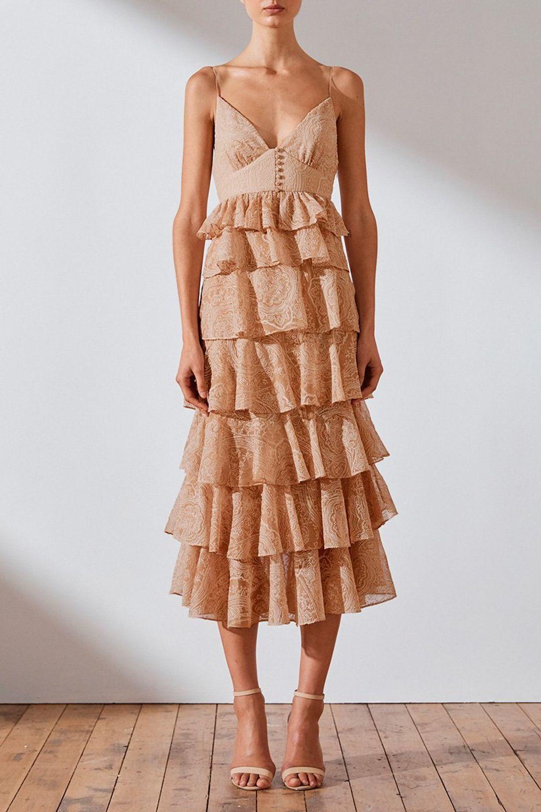 Shona Joy Monroe Tiered Midi Dress Nude Size 8 - Image 1