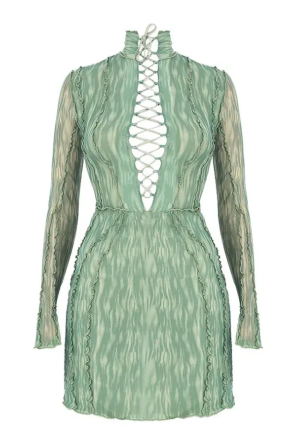 House of CB 'Dylan' Ivy Printed Mesh Lace Up Mini Dress Green Size 8 - Image 5