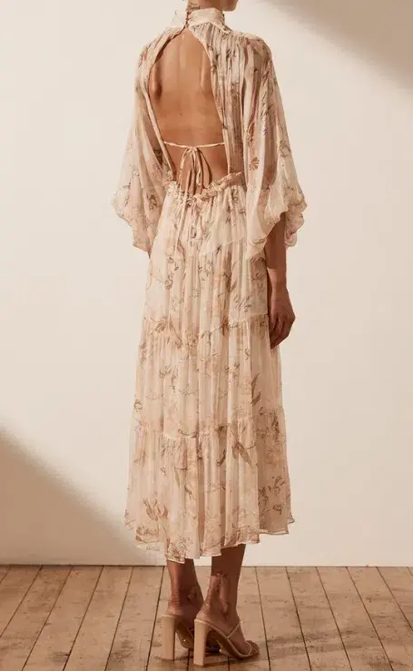 Shona Joy Nina Long Sleeve Backless Tiered Midi Dress Print Size 8 - Image 3