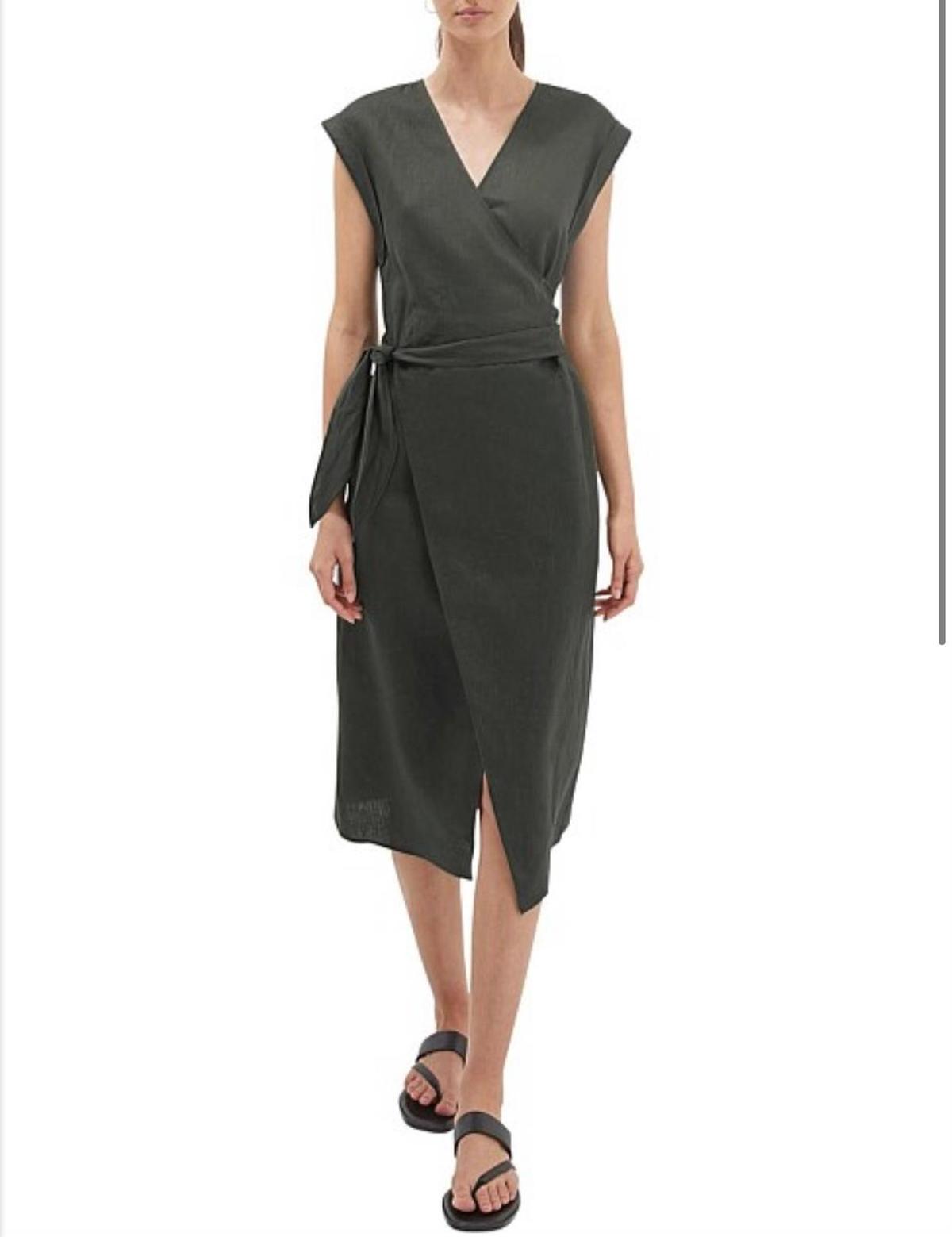 Saba Jasmine Linen Wrap Dress Green Size 6 - Image 2