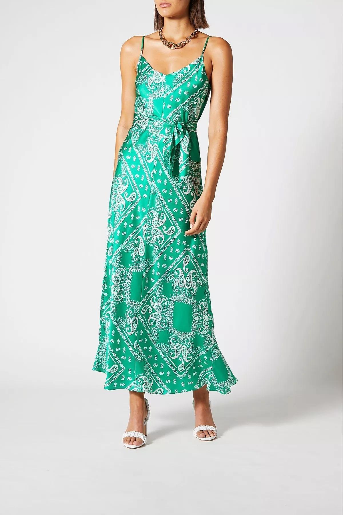 Scanlan Theodore Silk Paisley Long Slip Dress Green Size 10 - Image 4