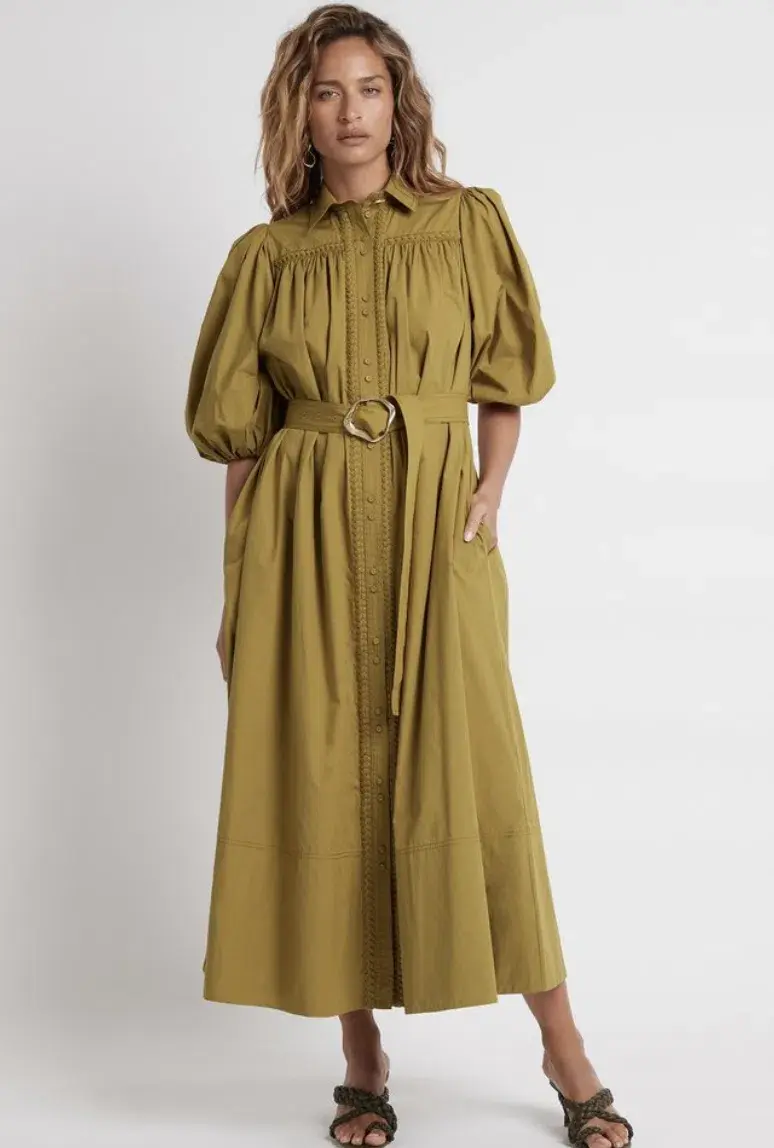 Aje Casabianca Puff Sleeve Shirt Dress in Olive Green - Size 6 - Image 1