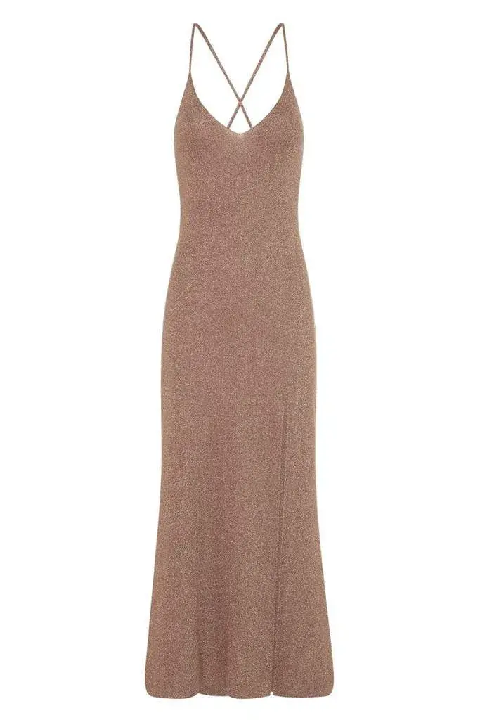 Spell Petra Metallic Knit Slip Dress Brown Size 12 for rent on The Volte - main image