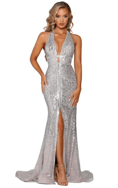 Portia and Scarlett Punging Halter Sequined High Slit Gown Silver Size 10  - Image 1