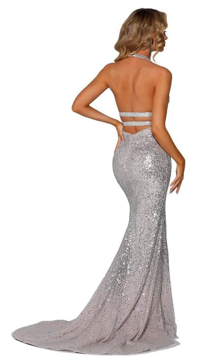 Portia and Scarlett Punging Halter Sequined High Slit Gown Silver Size 10  - Image 2