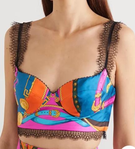 VERSACE Lace-trimmed printed silk-twill bustier top Size 8 - Image 1