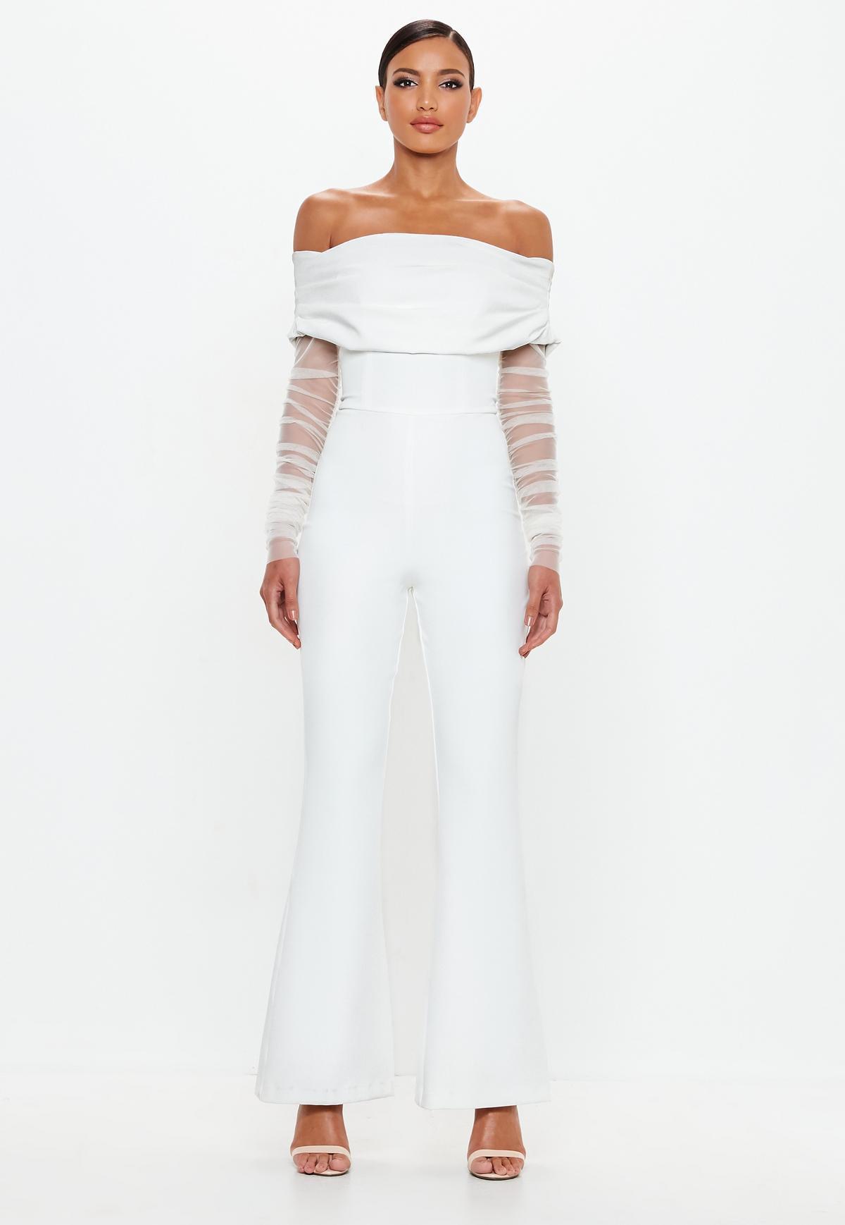 Peace + Love White Bardot Flare Leg Jumpsuit Size 14 - Image 1