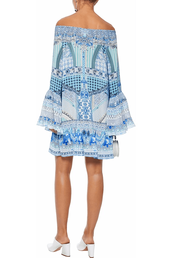 Camilla Woman Day Dreamer Off-the-shoulder Embellished Silk Crepe De Chine Mini Dress Light Blue Size 14 for rent on The Volte - main image