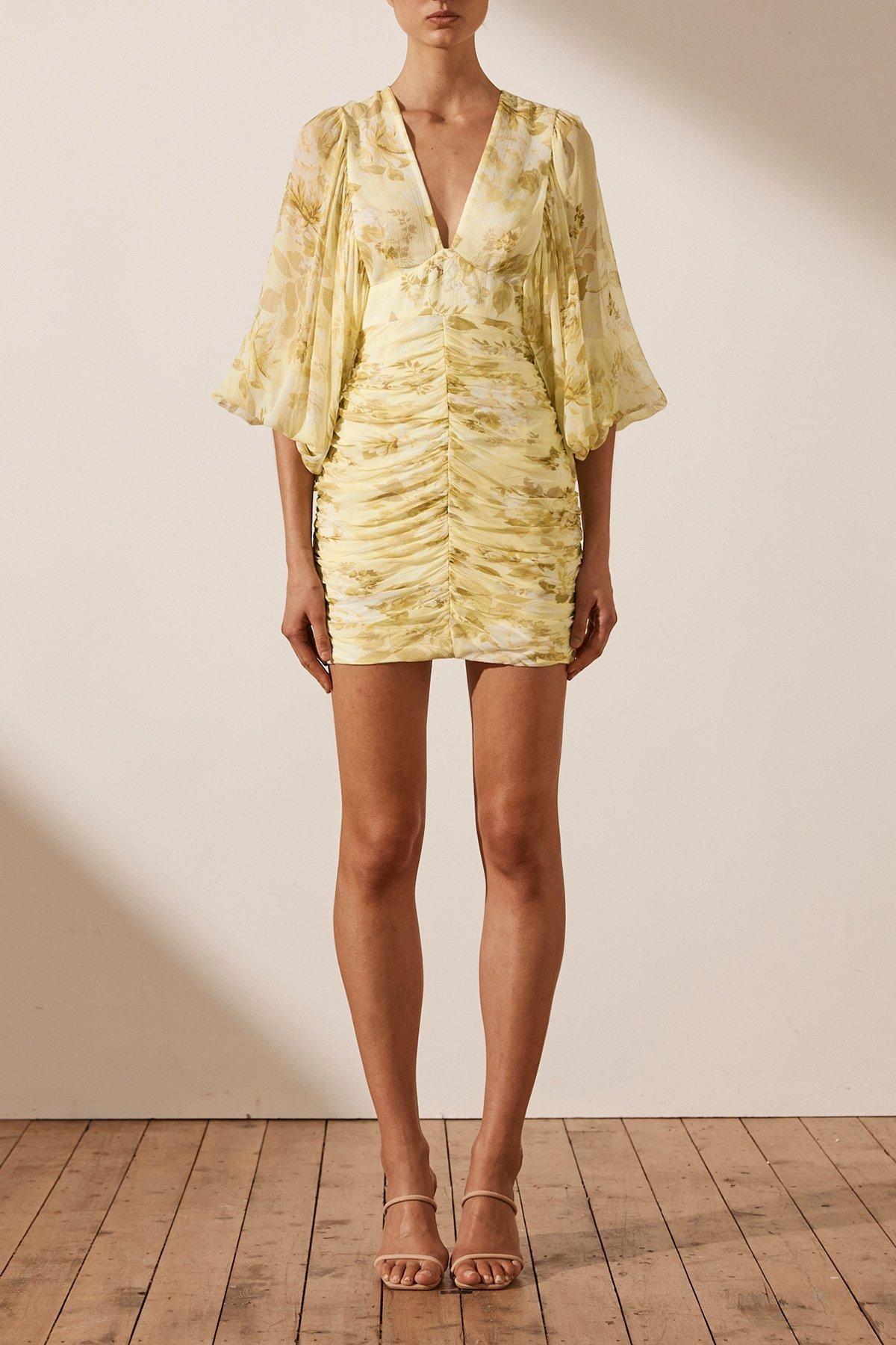Shona Joy Leticia Plunged Ruched Mini Dress Yellow Size 12 - Image 1
