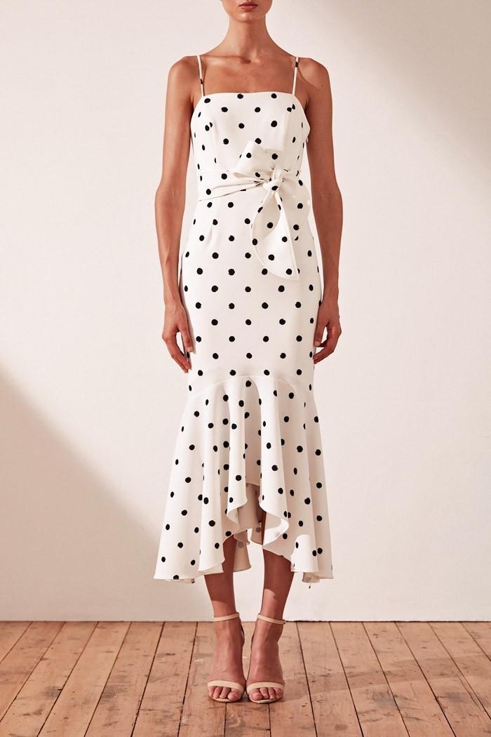Shona Joy Abigail Trumpet dress white polkadot size 12 for rent on The Volte - main image