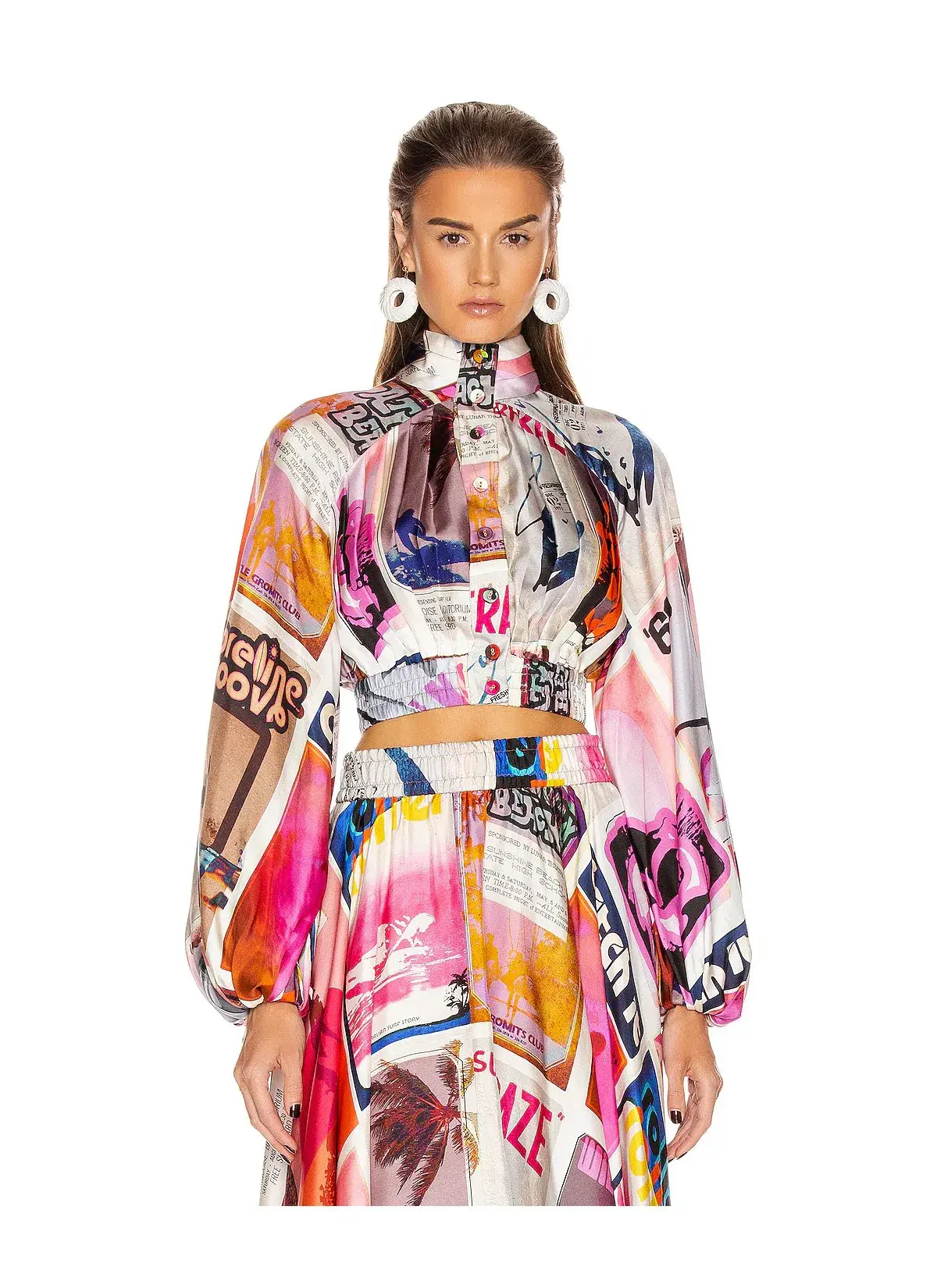 Zimmermann Wavelength High Collar Blouse in Pink Poster Print Size 1 /AU 10  - Image 2