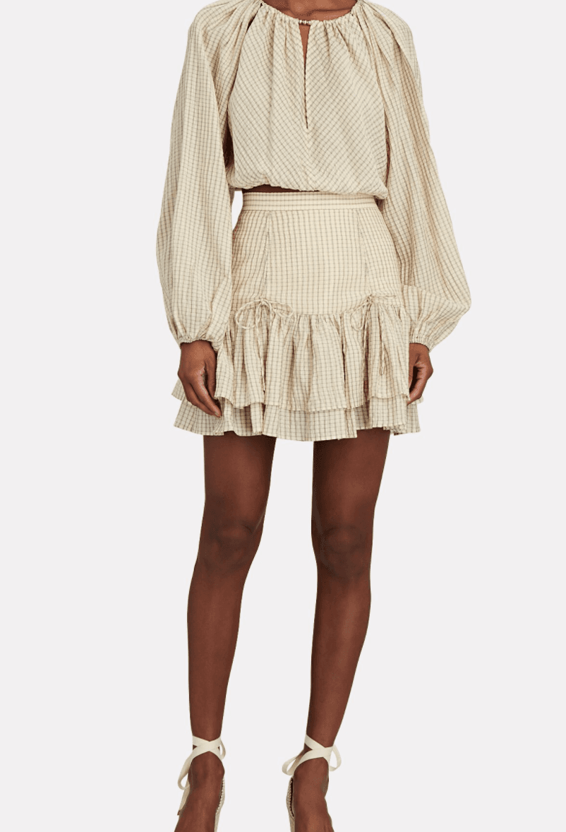 SIGNIFICANT OTHER - Creme plaid ruffled mini skirt (Size 6) - Image 1