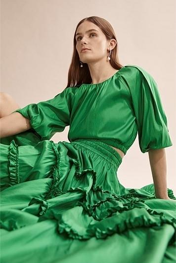 Country Road Green Silk Tiered Skirt Size 8  (Never worn) for rent on The Volte - main image