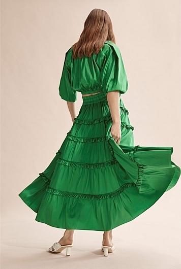 Country Road Green Silk Tiered Skirt Size 8  (Never worn) for rent on The Volte - main image