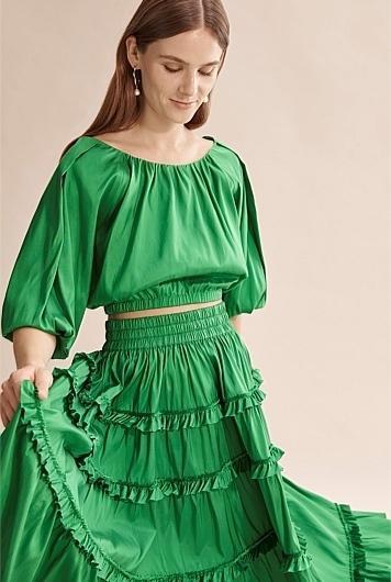 Country Road Green Silk Tiered Skirt Size 8  (Never worn) for rent on The Volte - main image