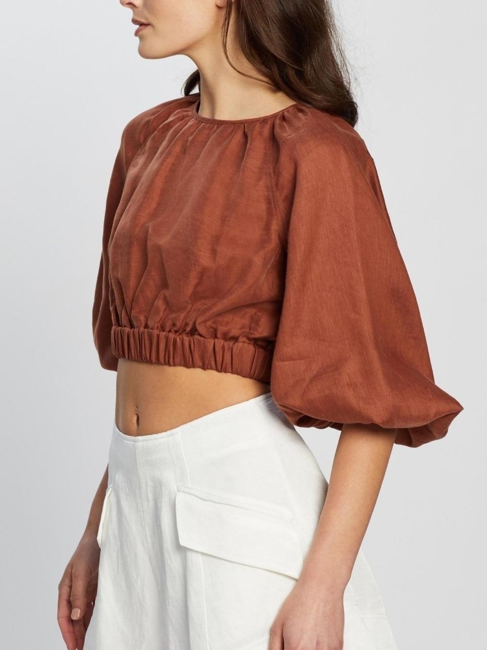 Shona Joy Elsa Balloon Sleeve Crop Top Brown Size 12 - Image 4