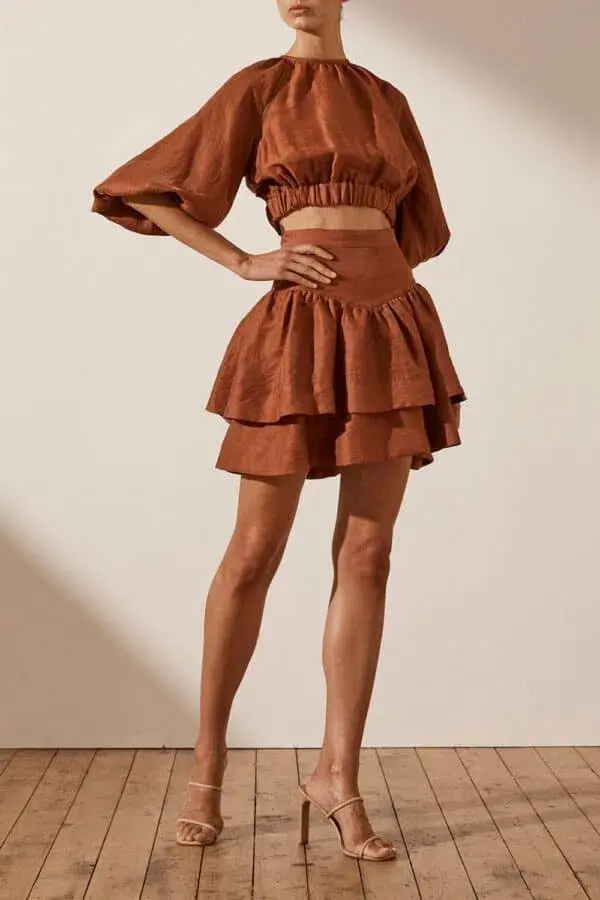 Shona Joy Elsa Balloon Sleeve Crop Top Brown Size 12 - Image 1