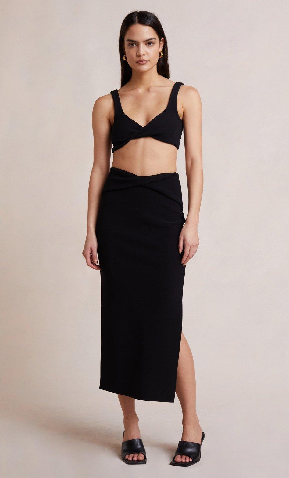 Bec & Bridge Clover Crop Top and Midi Skirt Set Black Size 12  for rent on The Volte - main image