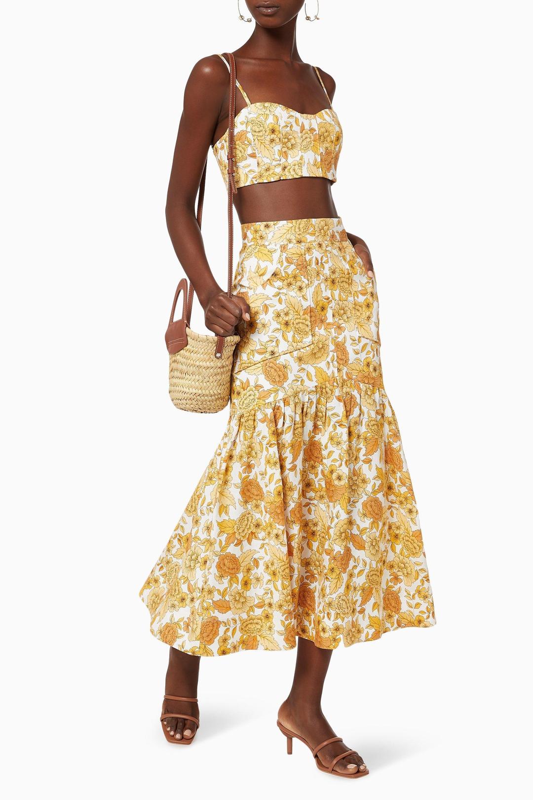 Shona Joy Margarita Linen Fitted Crop Top and Midi Skirt Set Print Size 12 for rent on The Volte - main image