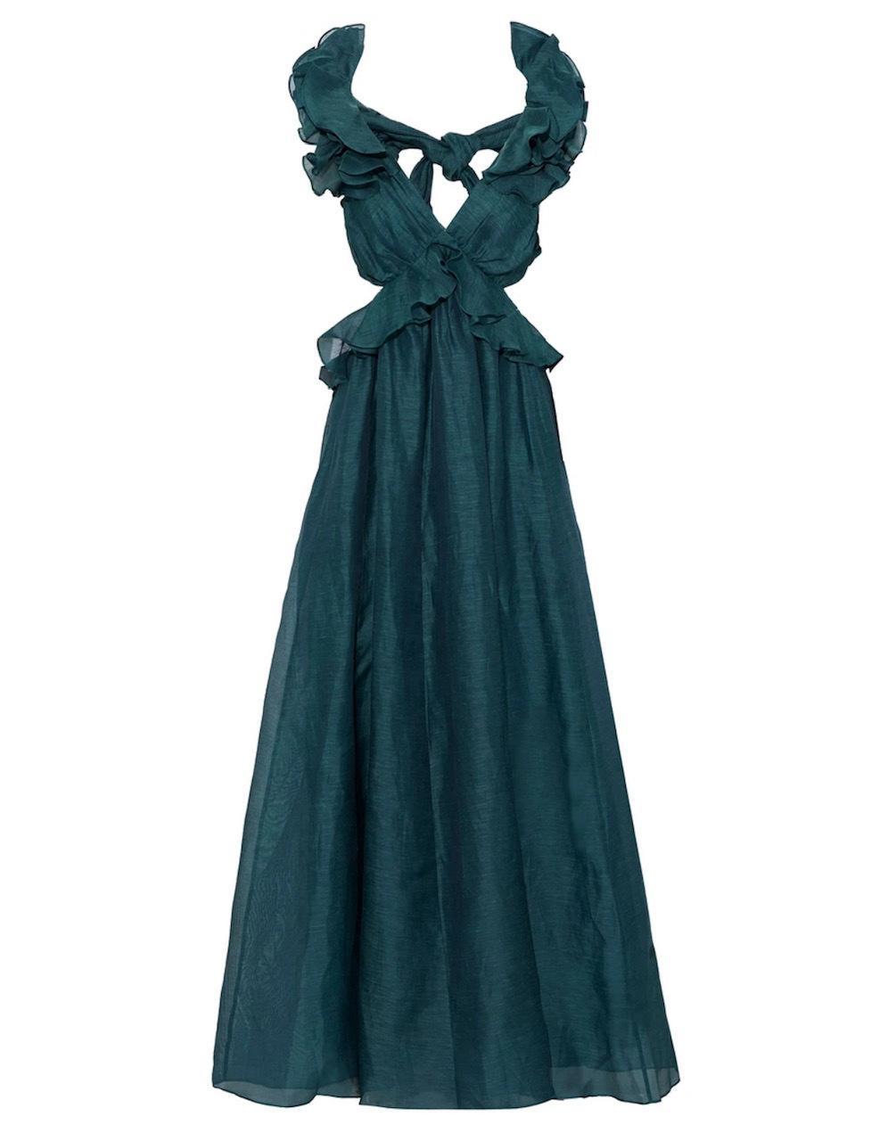 Zimmermann Ladybeetle Ruffled Linen and Silk Blend Gown in Bottle Green Size 0P / AU 6 - Image 3