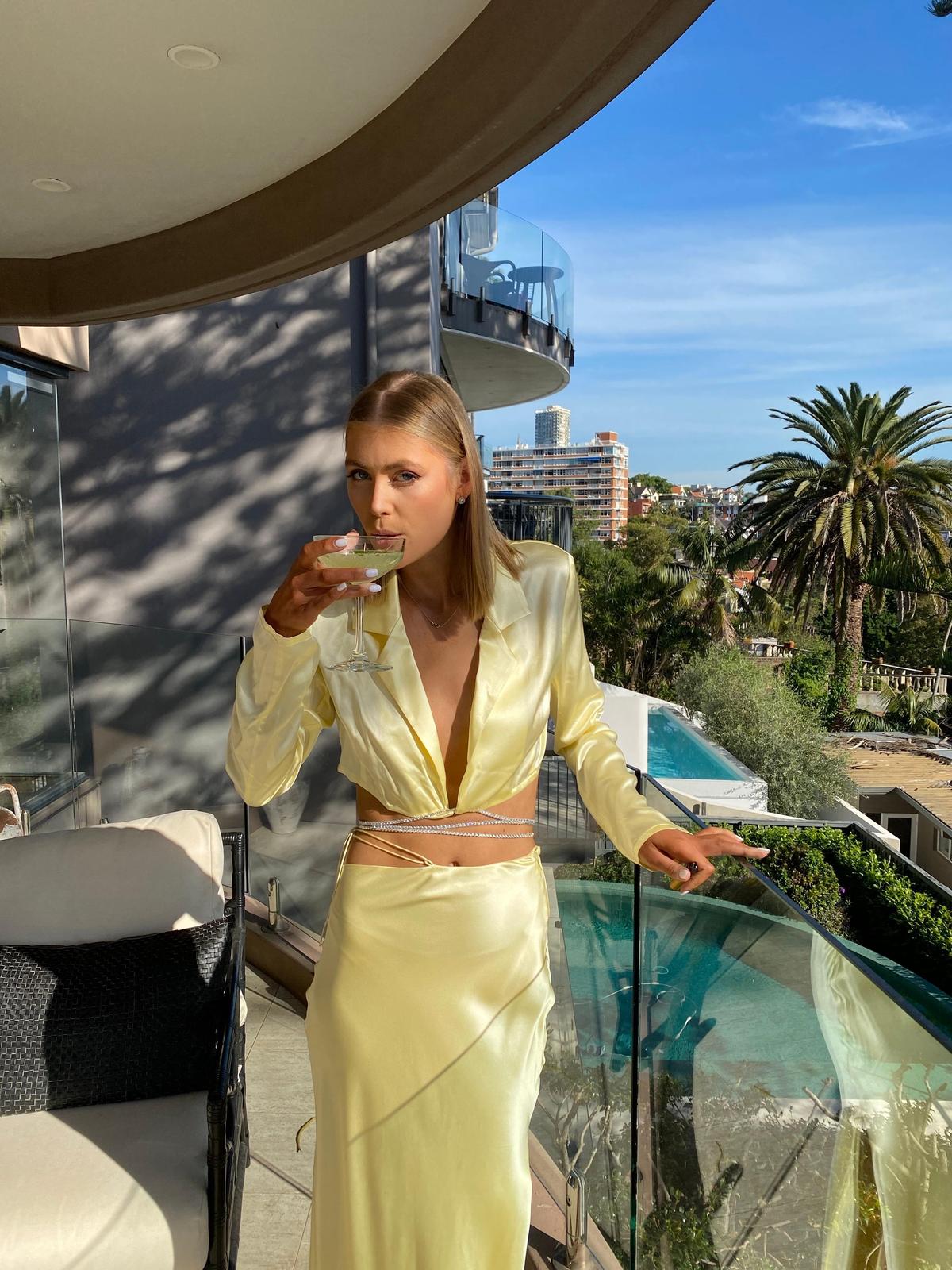 Michael Lo Sordo Silk Wrap Crystal Crop Shirt and Skirt Set Yellow Size 6 - Image 1