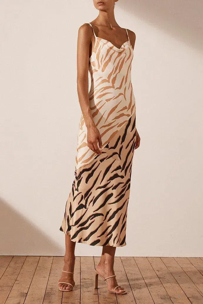 Shona Joy Olson Contrast Bias Cowl Neck Slip Midi Dress Print Size 10 - Image 1