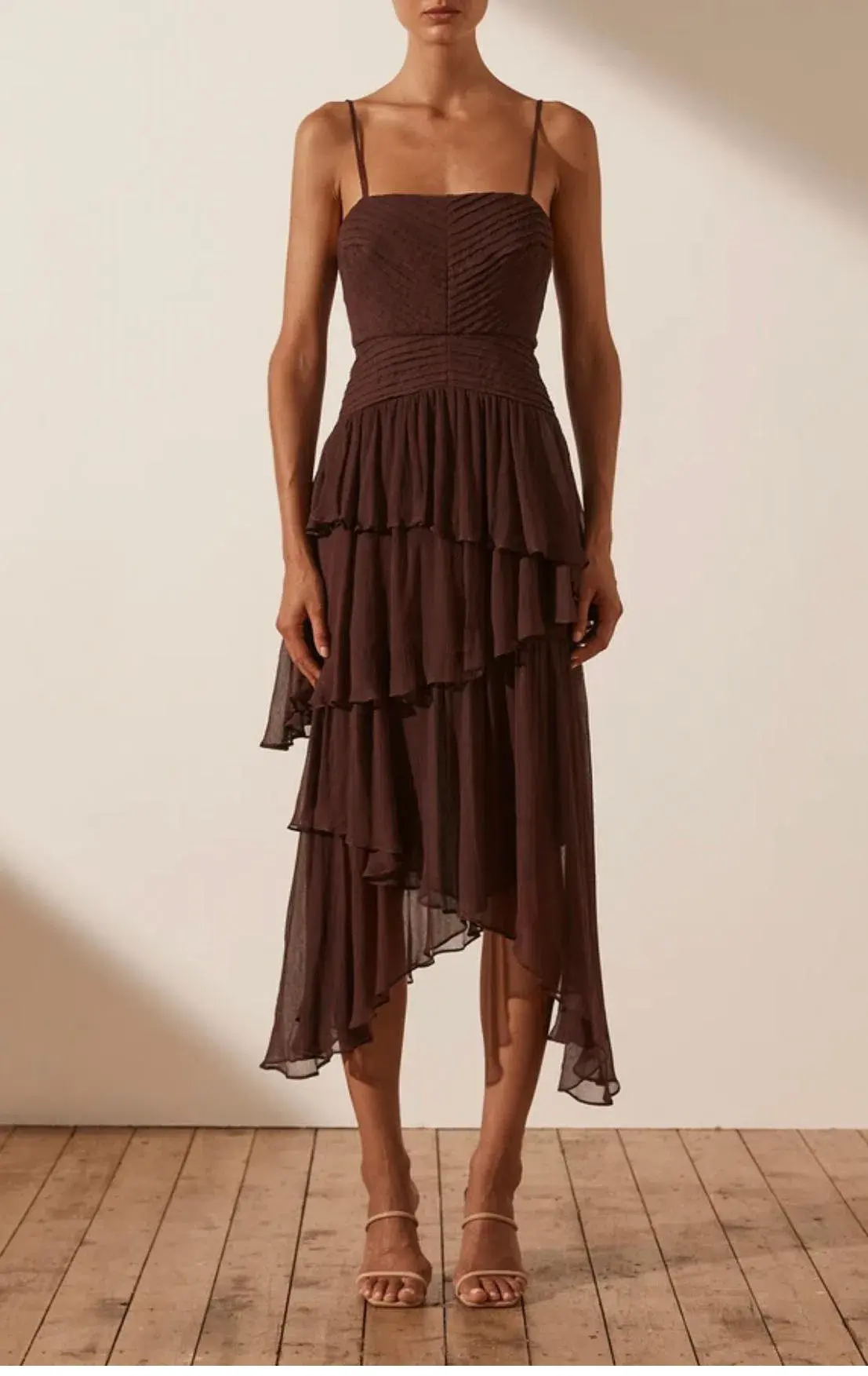 Shona Joy Olympia Pin Tuck Frill Midi Dress - Chocolate  - Image 1