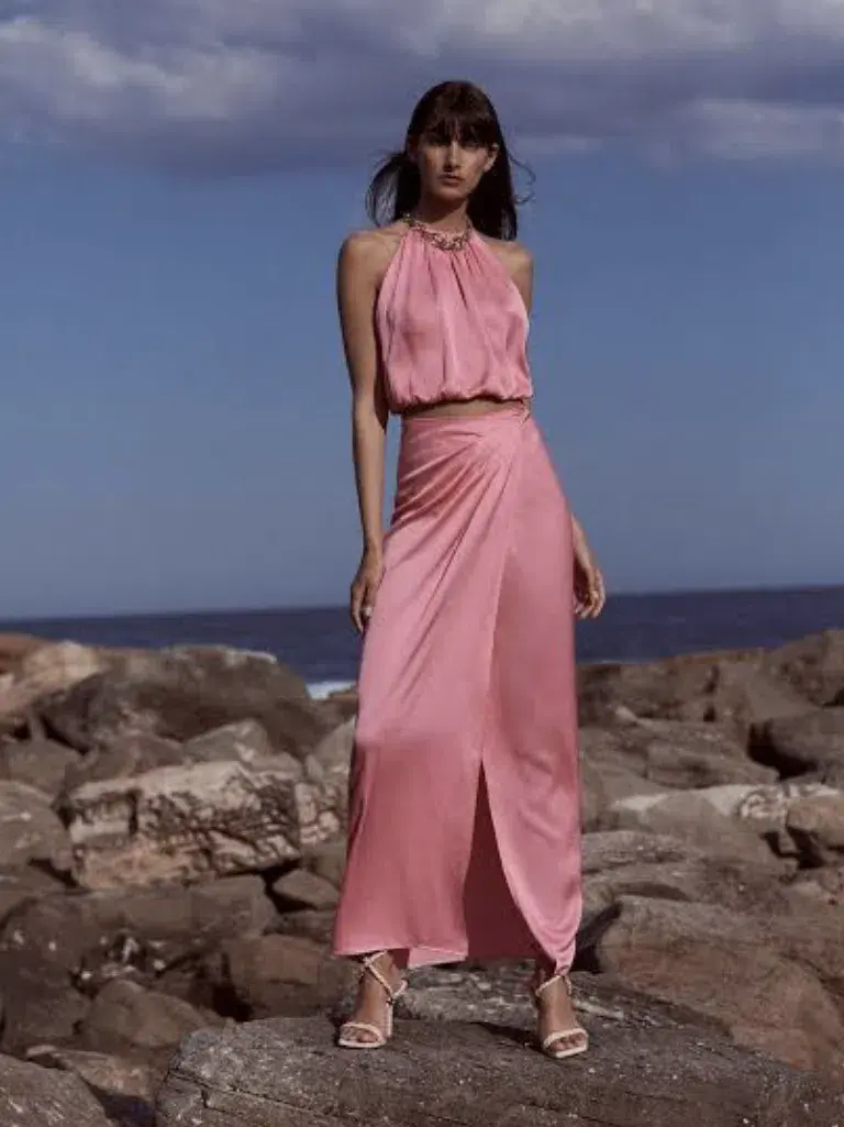 Scanaln Theodore Pink Textured Silk Long Wrap Skirt and Adjustable Halter Top - Image 1