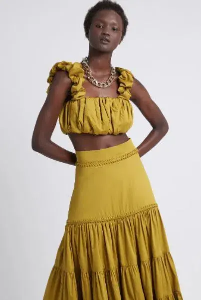 Aje Medina Cropped Top and Casabianca Tiered Skirt Set Yellow Size 8 - Image 3