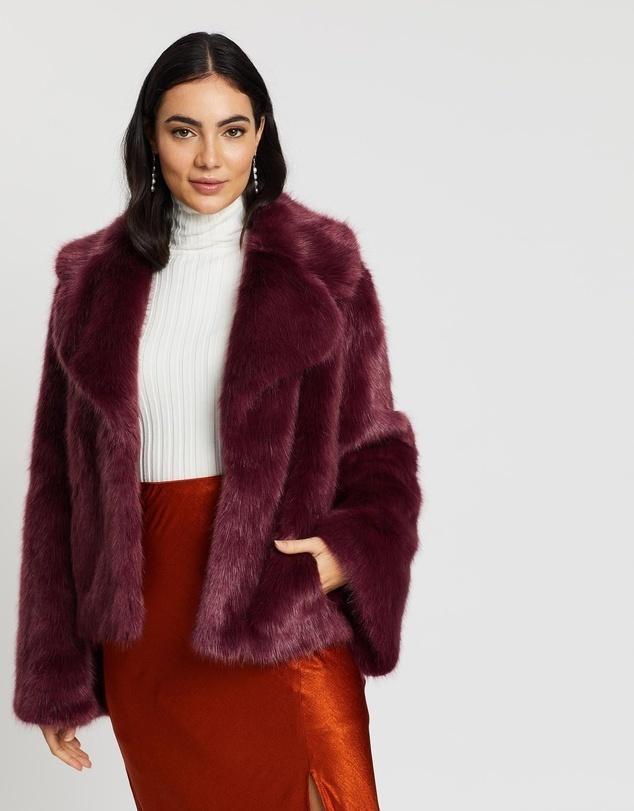 Unreal Fur Madame Butterfly Faux Fur Jacket Wine Size M - Image 2