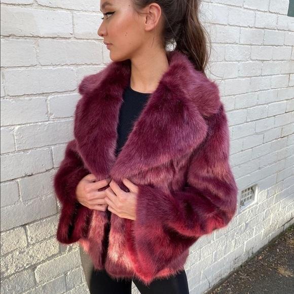Unreal Fur Madame Butterfly Faux Fur Jacket Wine Size M - Image 4