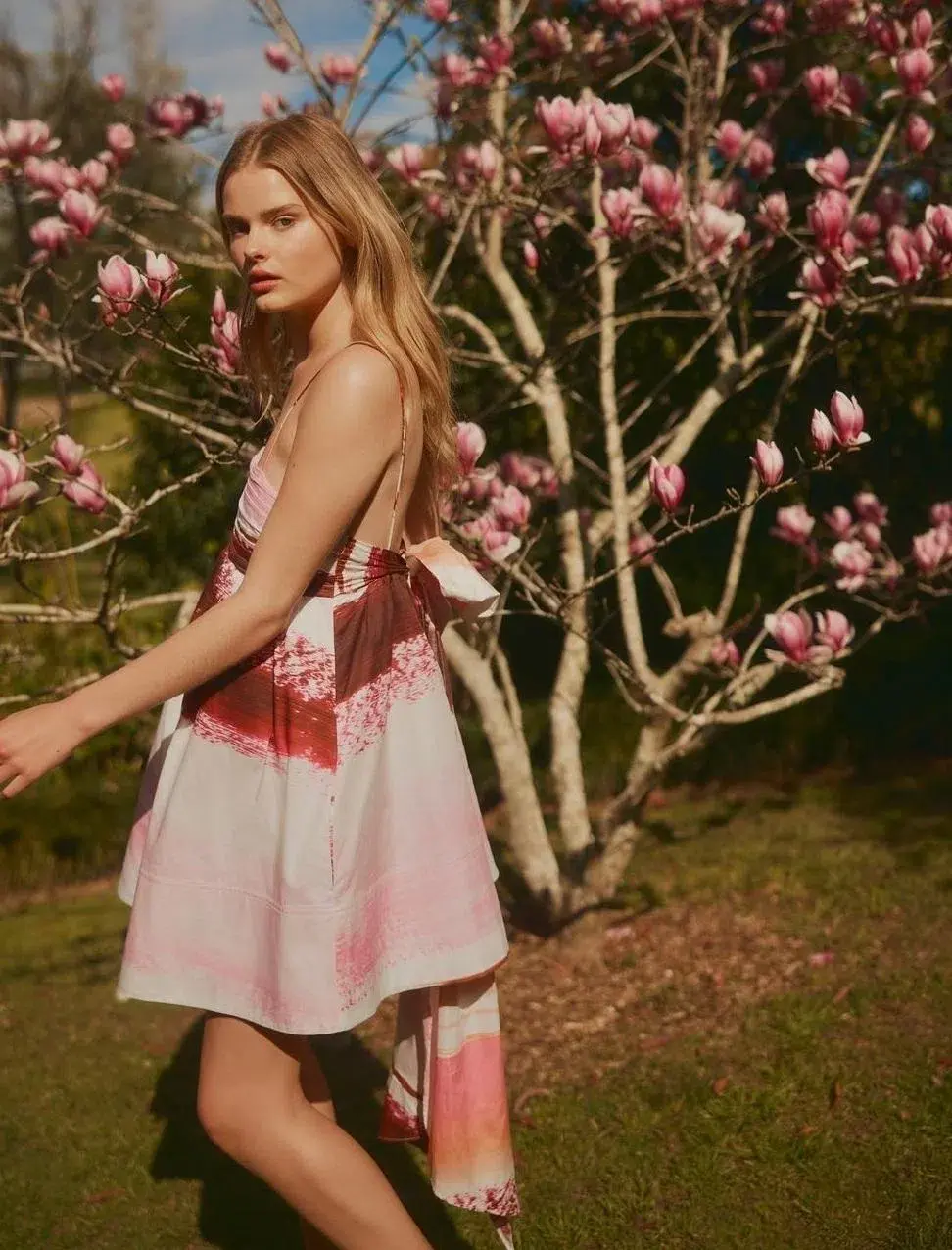 Aje Kasbah Sunset Stripe Ruched Bow Back Mini Dress Print Size 6 for rent on The Volte - main image