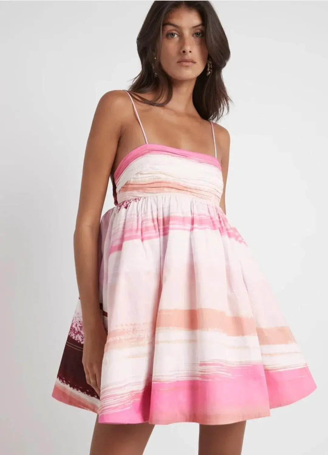 Aje Kasbah Sunset Stripe Ruched Bow Back Mini Dress Print Size 6 for rent on The Volte - main image