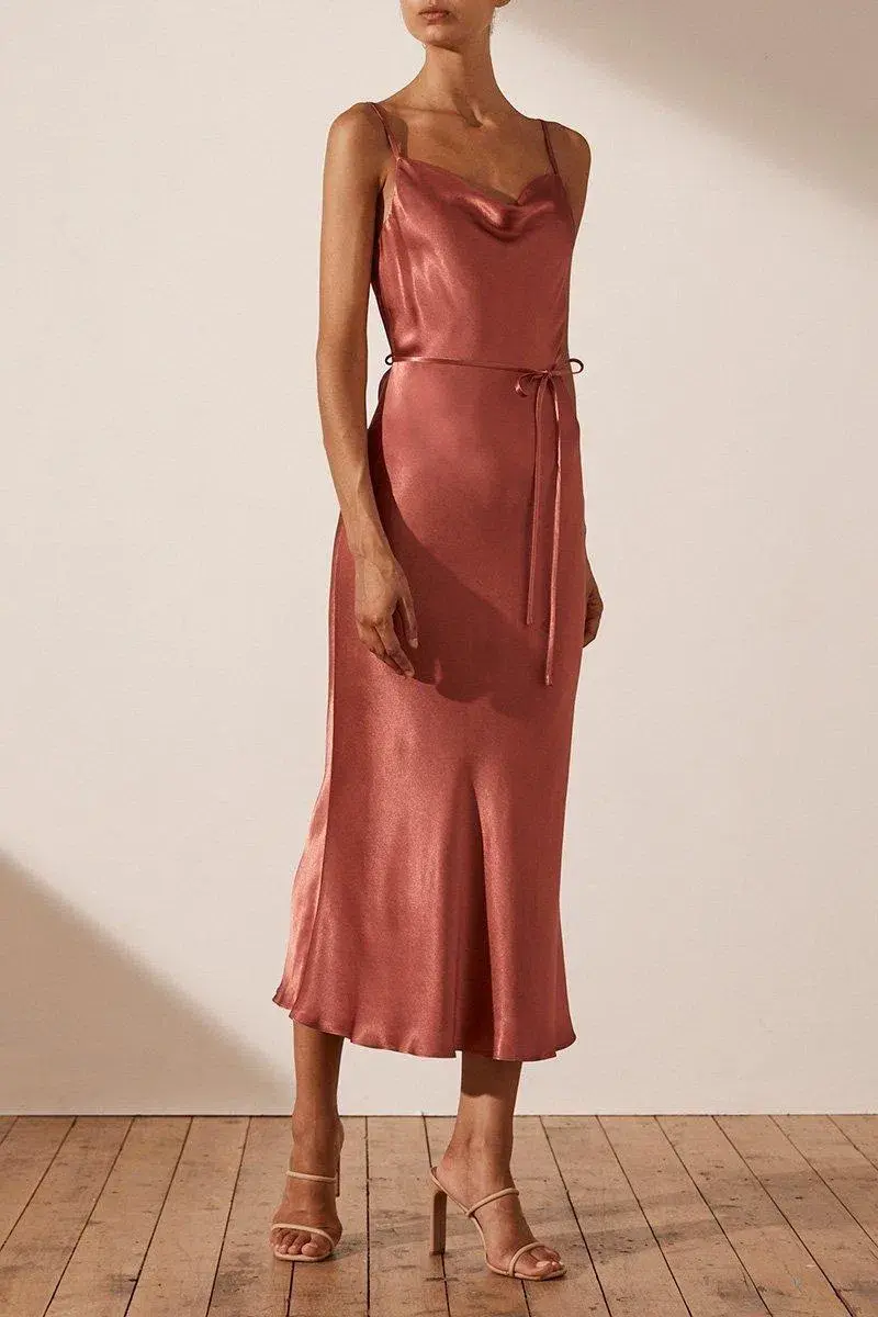 Shona Joy La Lune Bias Cowl Midi Dress Terracotta Size 8 - Image 2