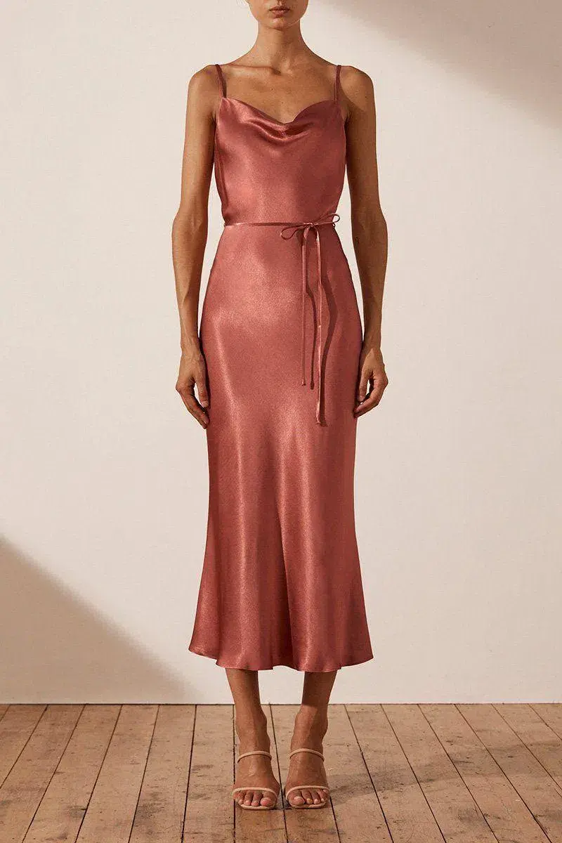 Shona Joy La Lune Bias Cowl Midi Dress Terracotta Size 8 - Image 1