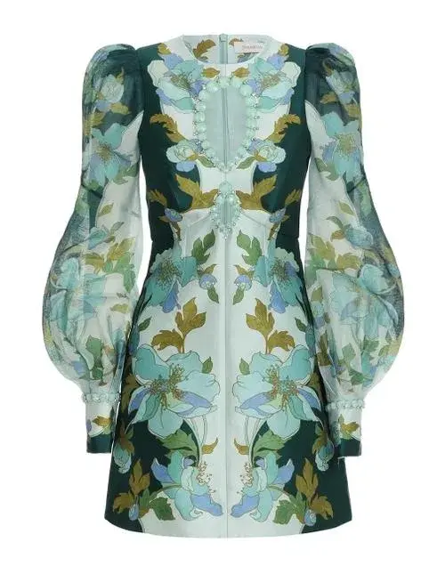 Zimmermann The Rhythm Jewelled Mini Dress in Mint Peonies Size 0 / AU 8 - Image 6