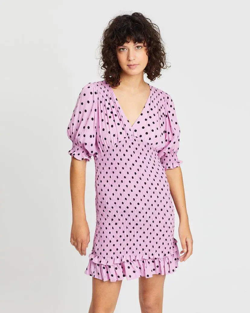 FAITHFULL THE BRAND Womens Purple Polka Dot Pouf Short Sheath Dress - Image 3