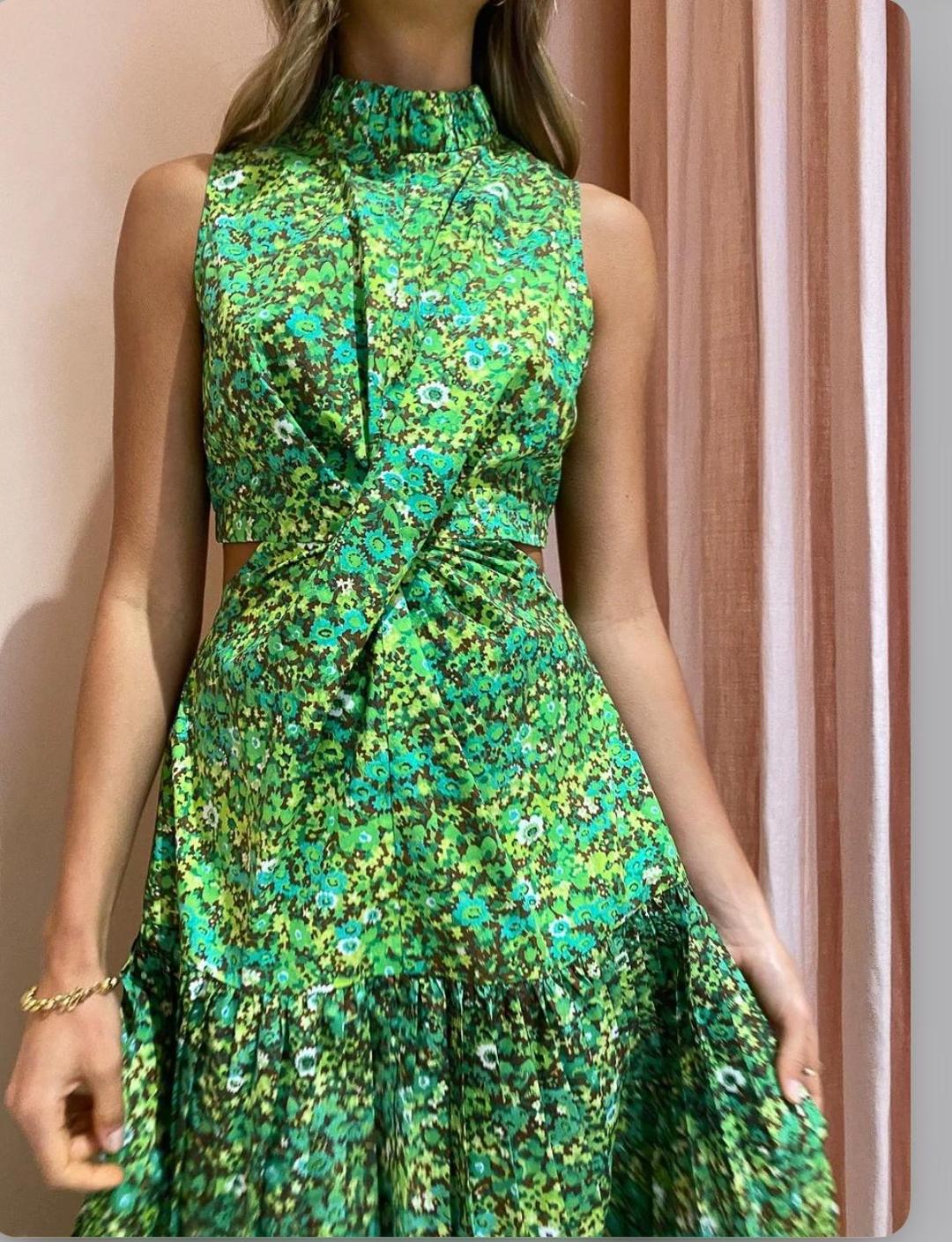 Alemais Phyllis Twist Front Pleat Dress Acid Green Size 8 for rent on The Volte - main image