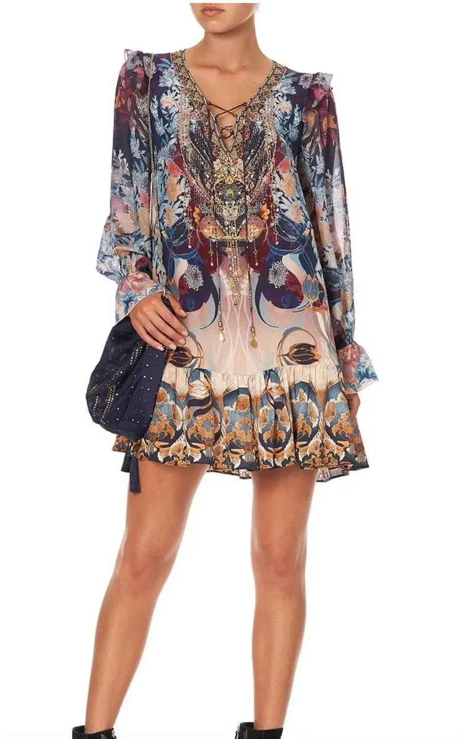 Camilla Nouveau Nights Ruffle Lace Up Dress Print Size XXL - Image 5